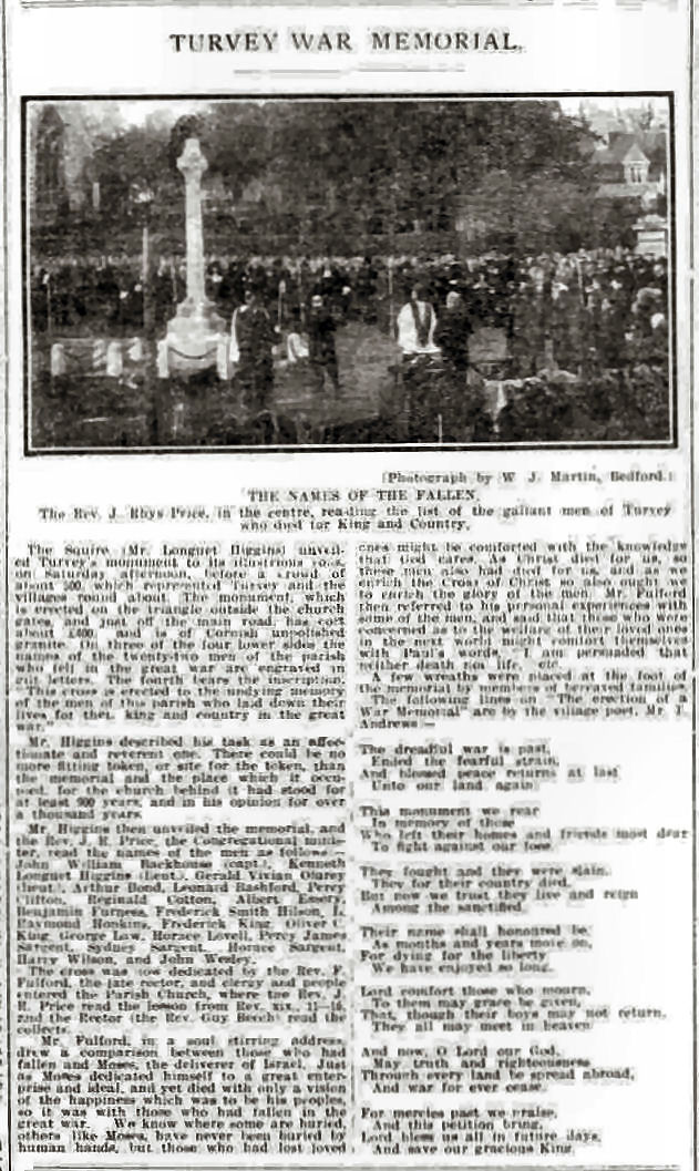 Turvey War Memorial - Bedfordshire Times and Independent 2 January 1920